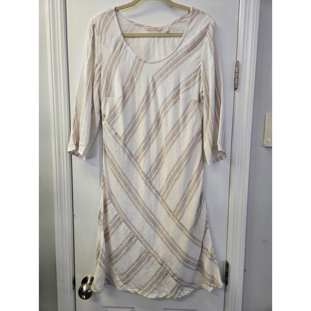 Soft Surroundings Linen Blend Striped Shift Dress  3/4 Sleeve M Coastal